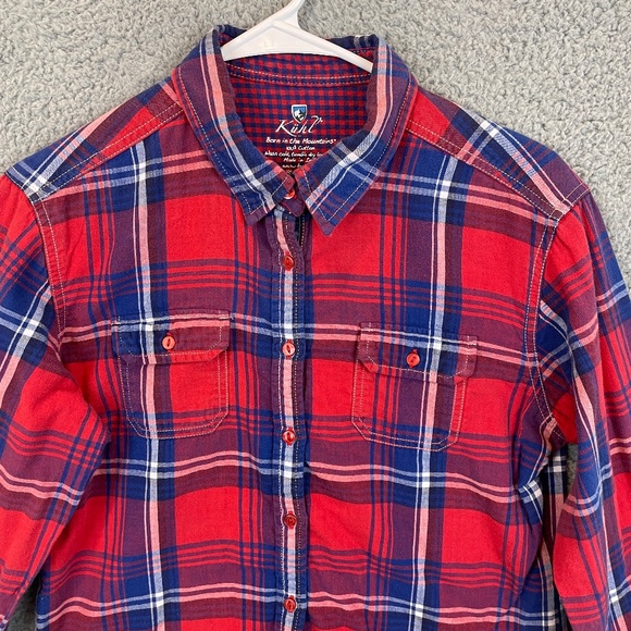 KUHL Button Up Shirt Womens M Red Blue Plaid L/S Thin Flannel Double Pocket - Picture 2 of 15